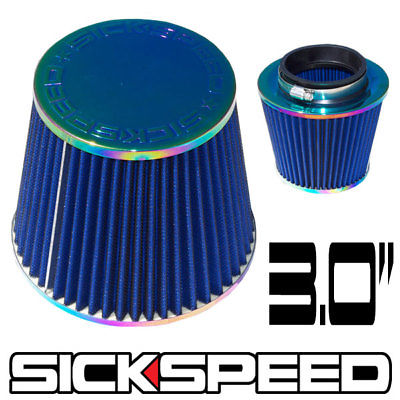 BLUE / NEO CHROME 3 INCH FILTER FOR COLD/RAM ENGINE AIR INTAKE VELOCITY STACK 3"